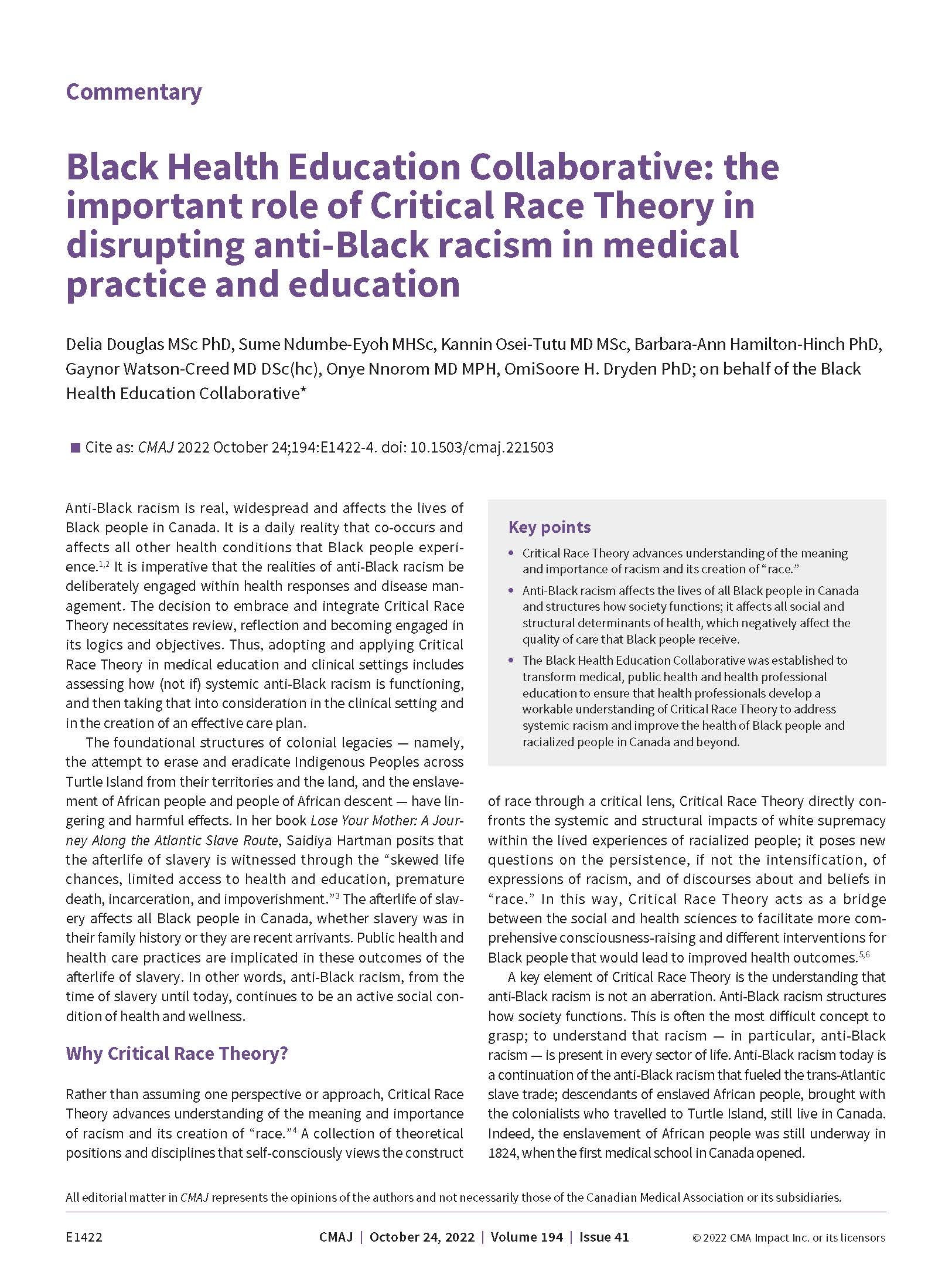 Black Health Education Collaborative: The important role of Critical Race Theory in disrupting anti-Black racism in medical practice and education