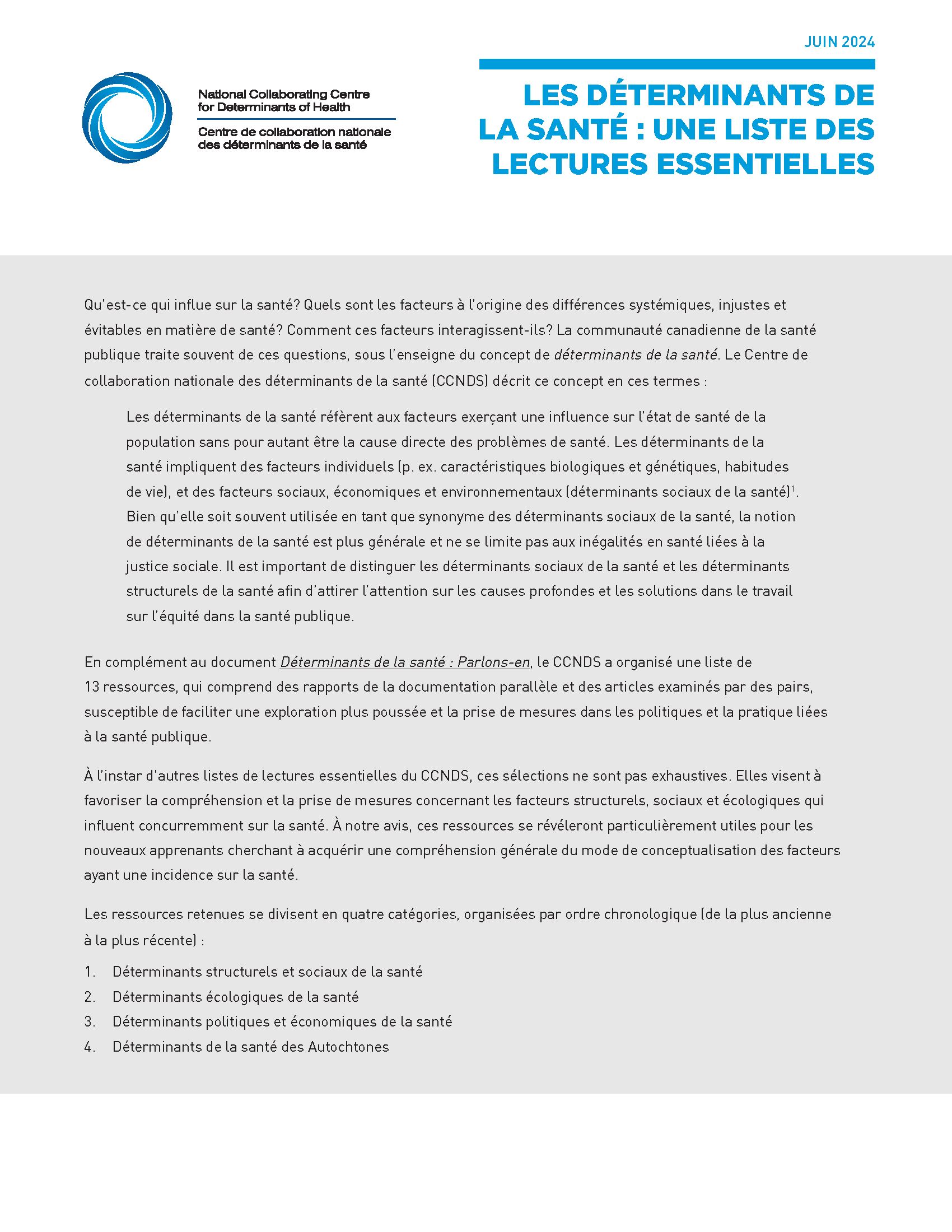 Les déterminants de la santé : Une liste de lectures essentielles