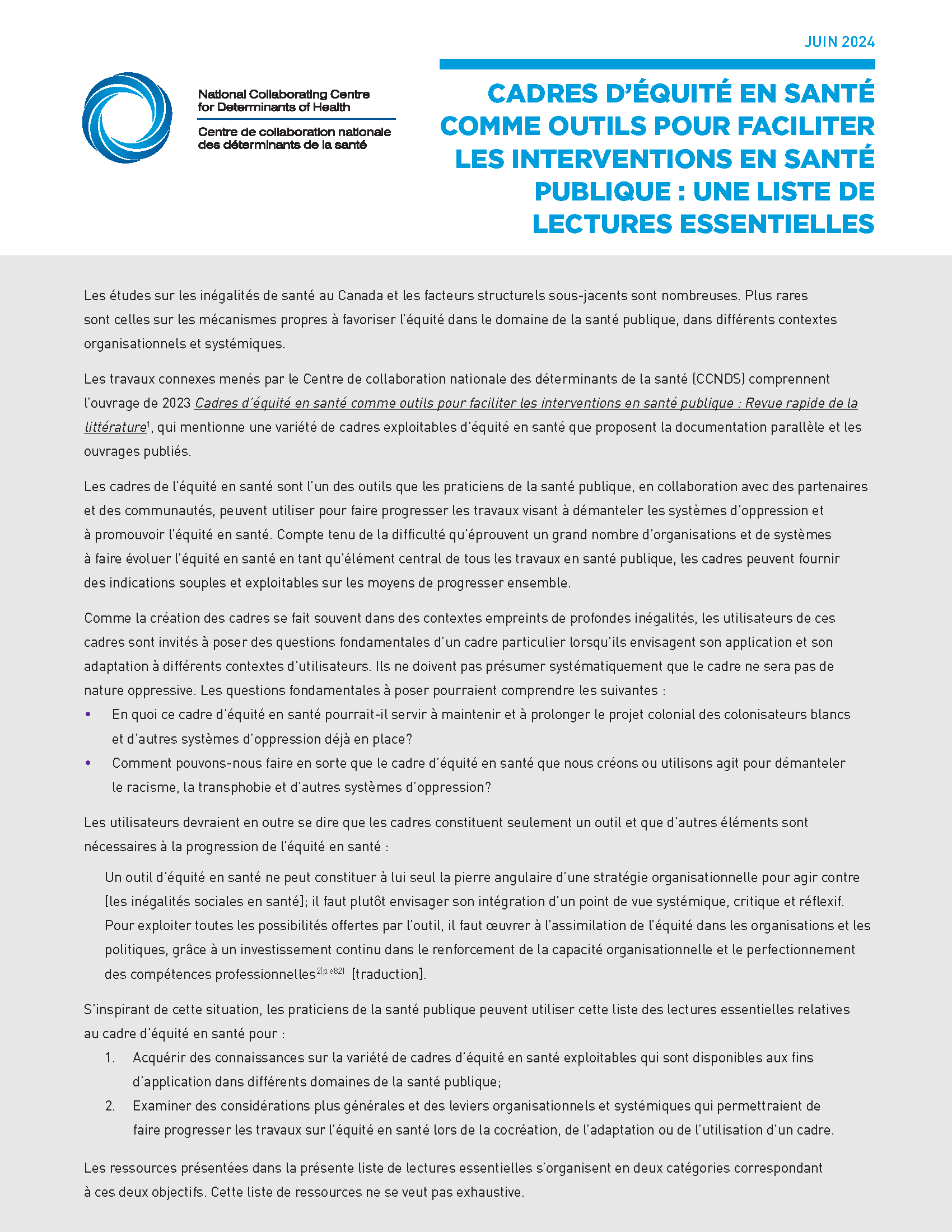 Cadres d’équité en santé comme outils pour faciliter les interventions en santé publique : Une liste de lectures essentielles