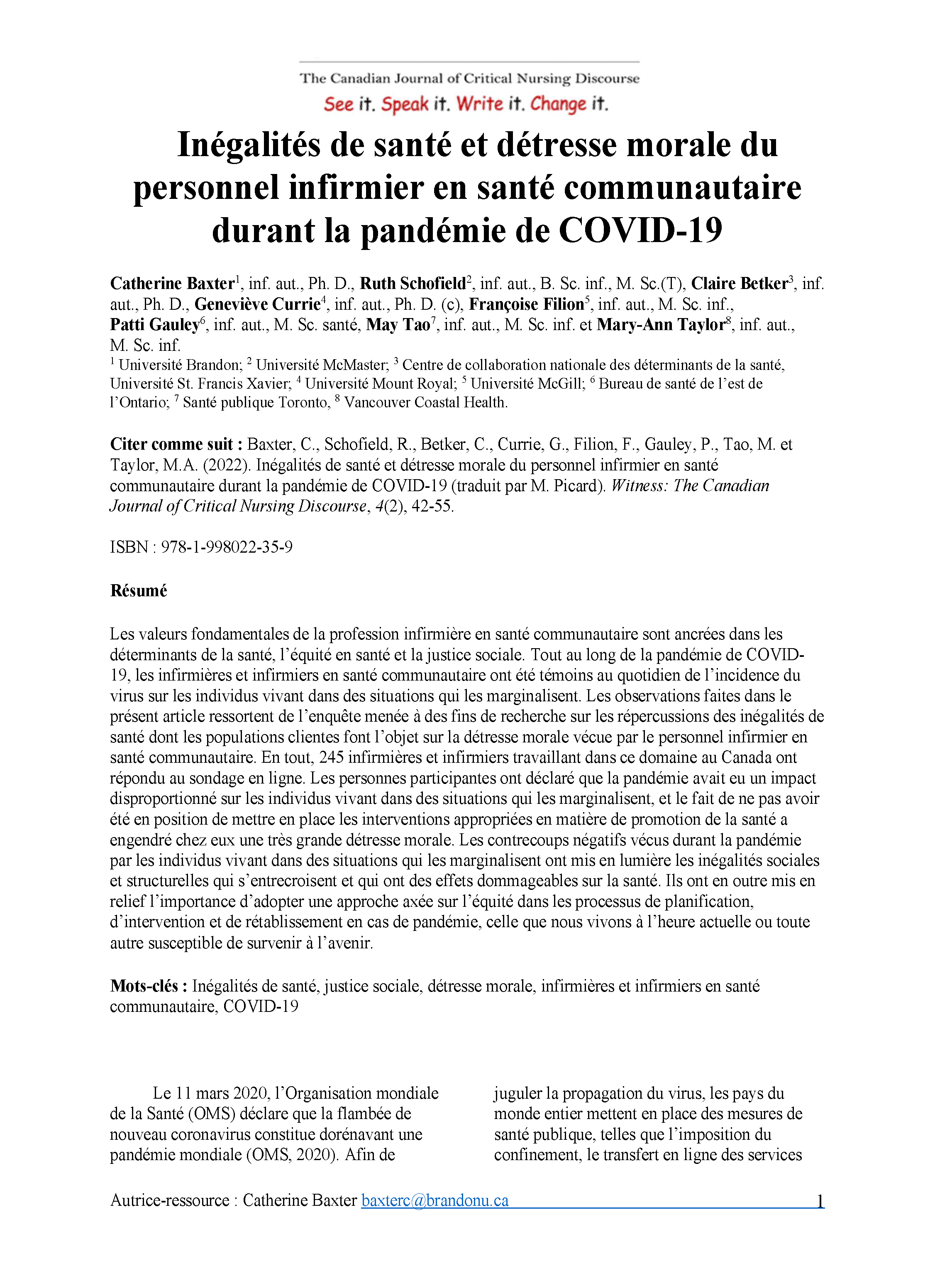 Inégalités de santé et détresse morale du personnel infirmier en santé communautaire durant la pandémie de COVID-19