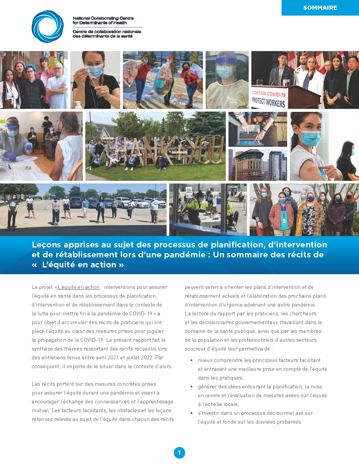 Leçons apprises au sujet des processus de planification, d’intervention et de rétablissement lors d’une pandémie : Un sommaire des récits de « L’équité en action »