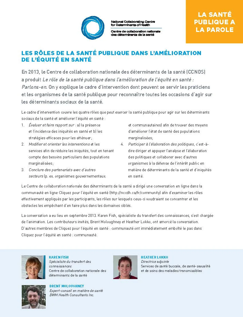 La santé publique a la parole : les rôles de la santé publique dans l’amélioration de l’équité en santé