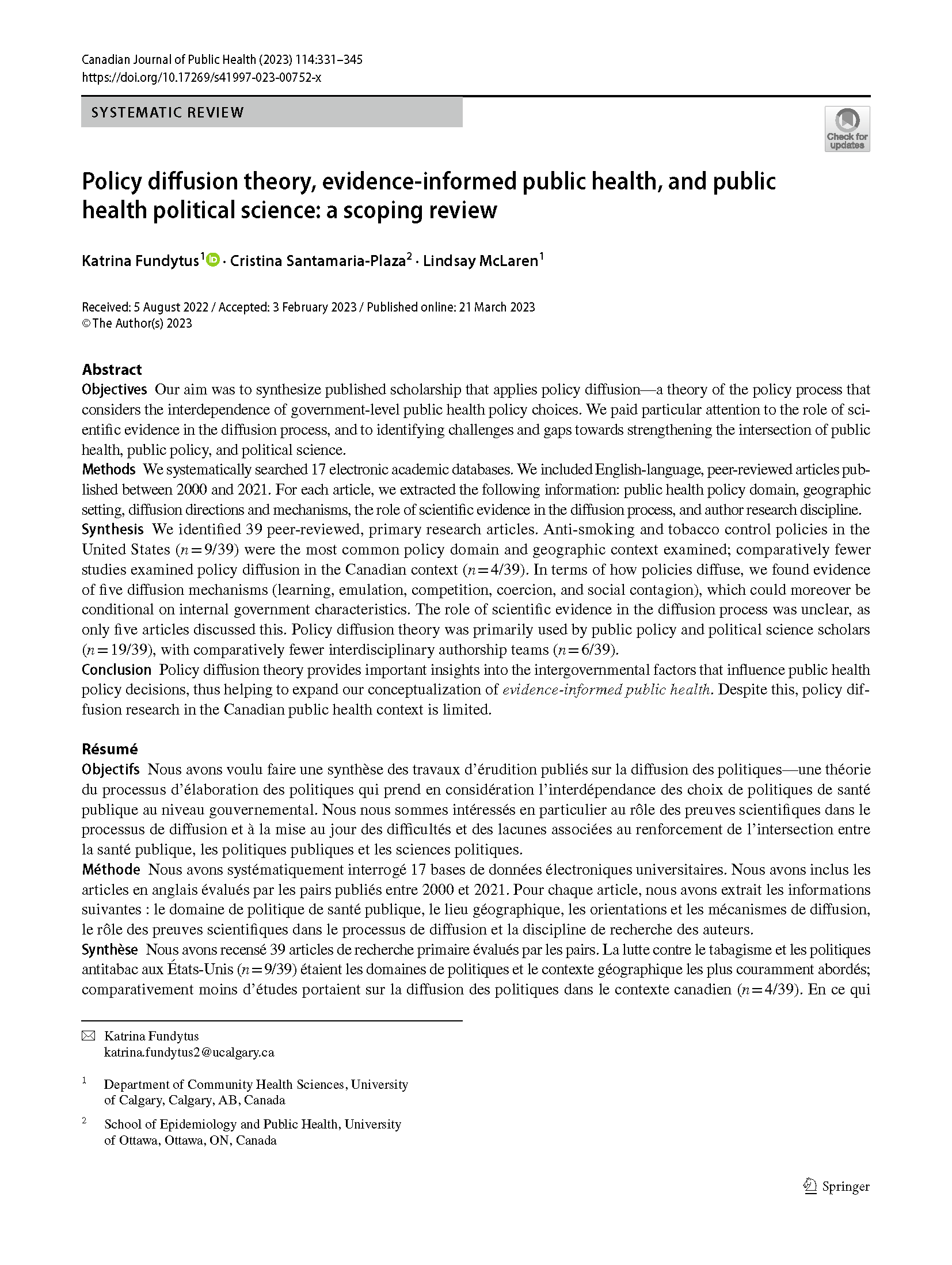 Policy diffusion theory, evidence-informed public health, and public health political science: A scoping review