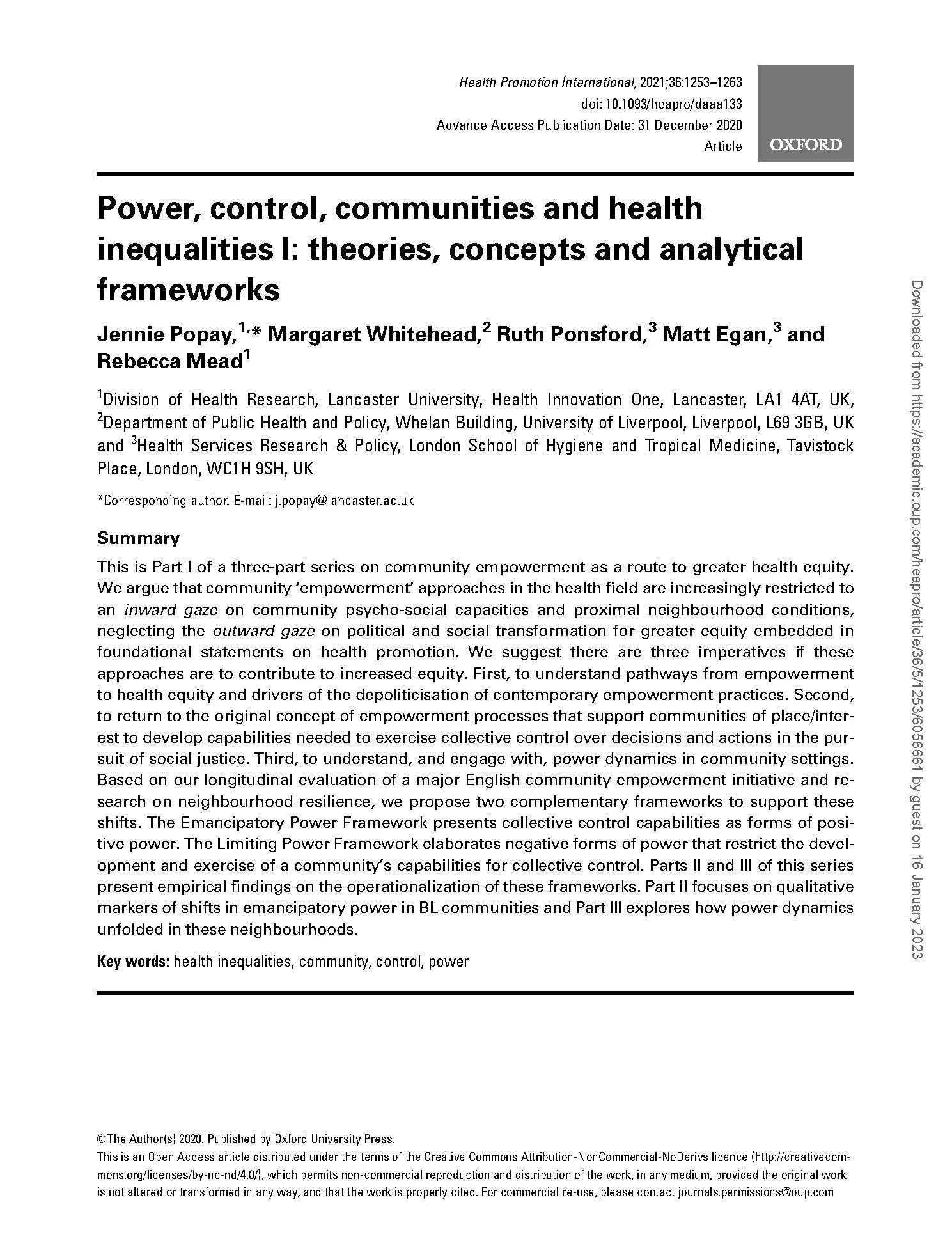 Power, control, communities and health inequalities I: Theories, concepts and analytical frameworks