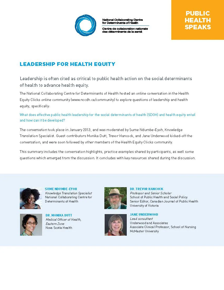 Public Health Speaks: Public health leadership for health equity