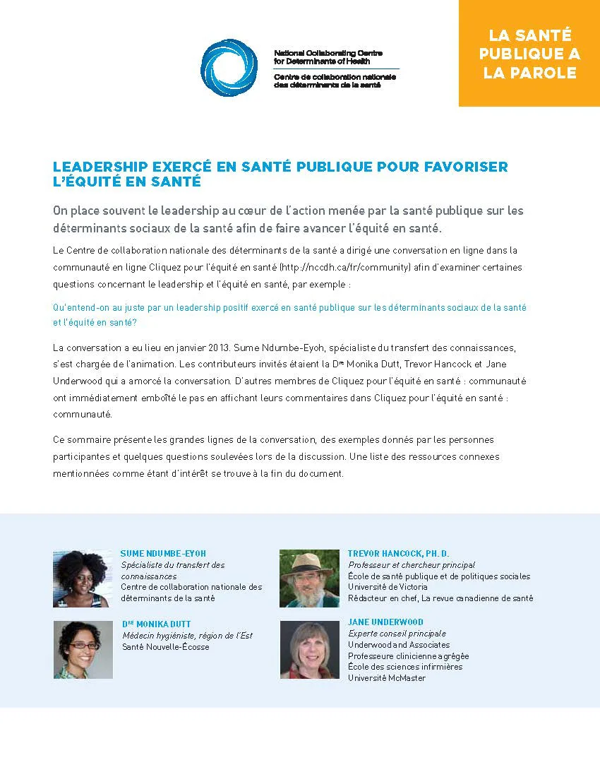 La santé publique a la parole : leadership exercé en santé publique pour favoriser l’équité en santé