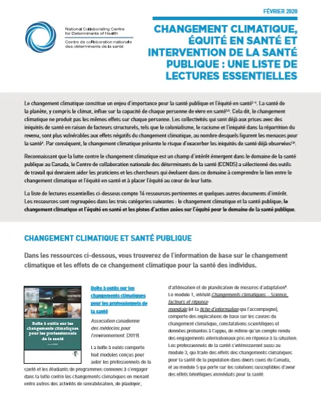 Changement climatique, équité en santé et intervention de la santé publique : une liste de lectures essentielles