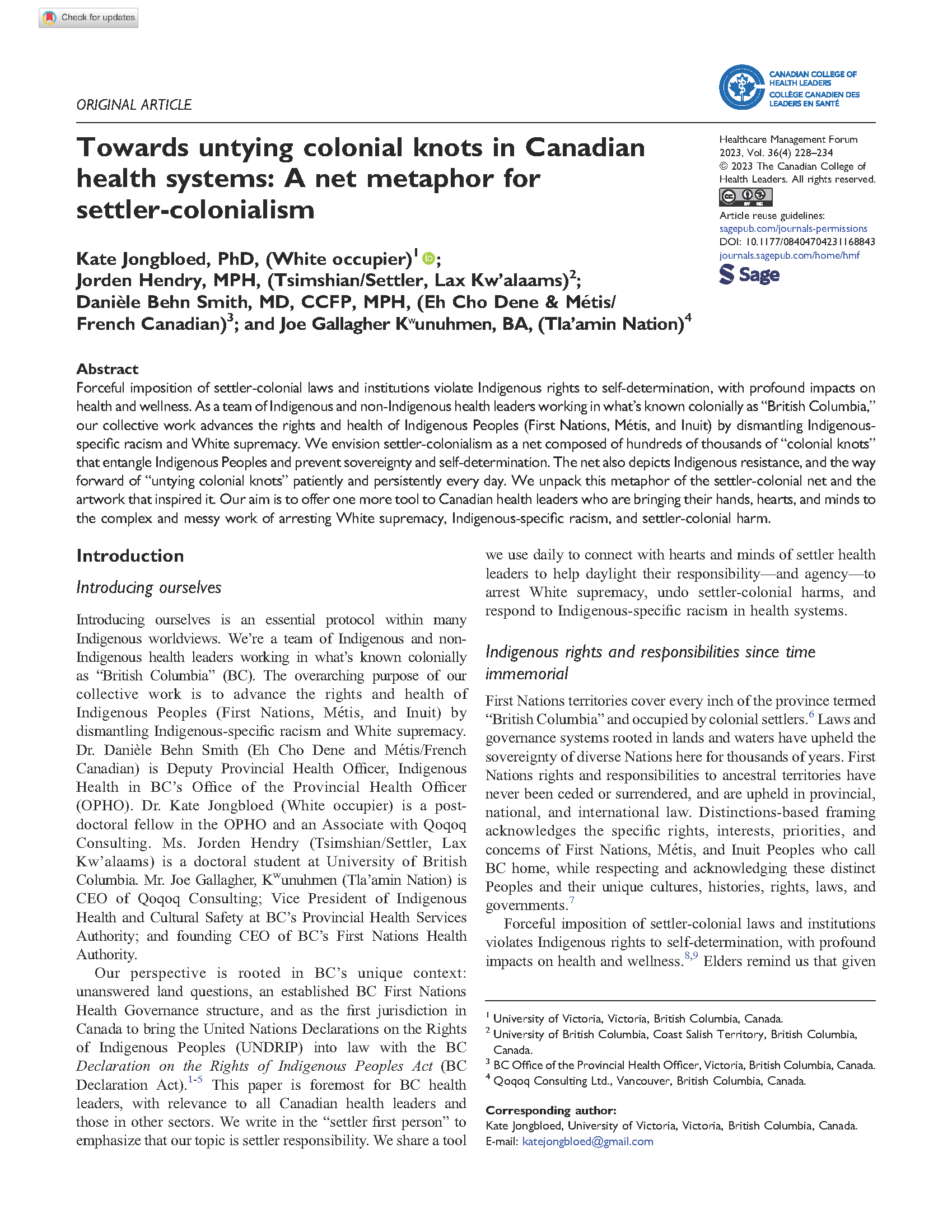 Towards untying colonial knots in Canadian health systems: A net metaphor for settler-colonialism