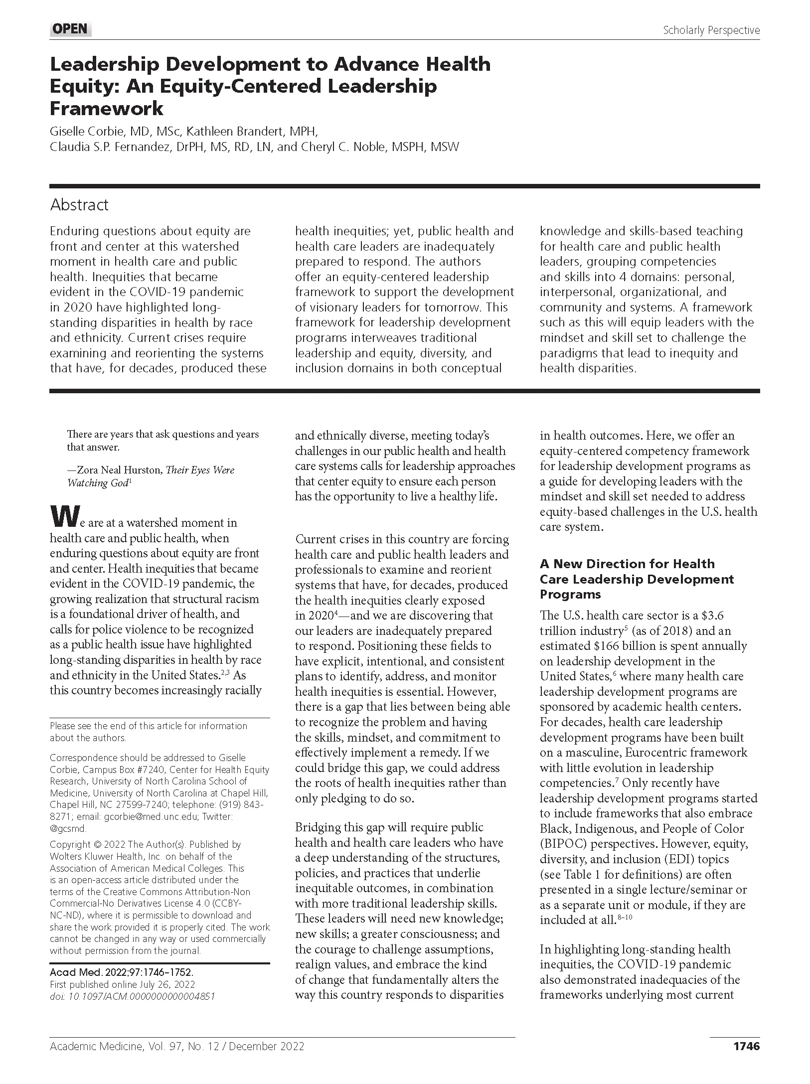 Leadership development to advance health equity: An equity-centered leadership framework